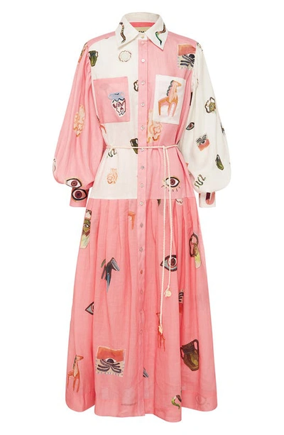 Patchwork Long Sleeve Shirtdress In Pink