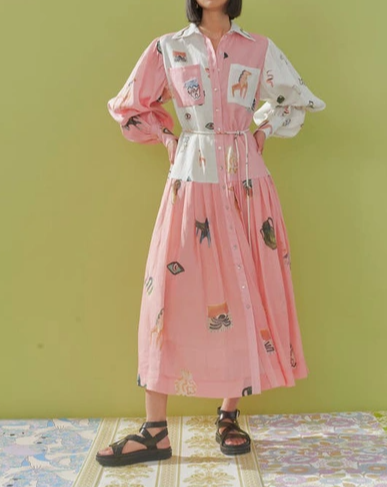 Patchwork Long Sleeve Shirtdress In Pink