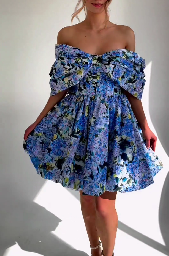 Blue Hydrangea bow-detailed mini dress