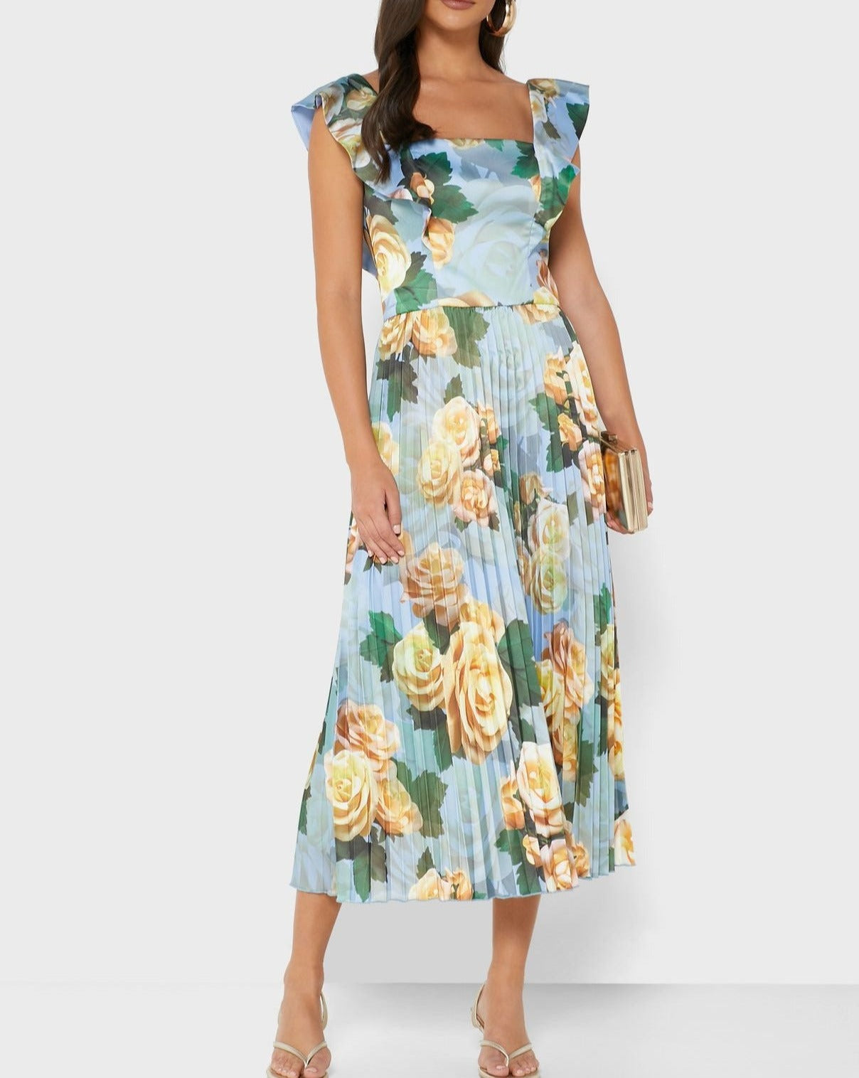 Ruffled Pressed Pleated Print Dress