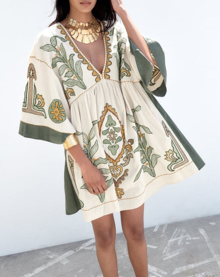 EMBROIDERED LINEN BLEND DRESS