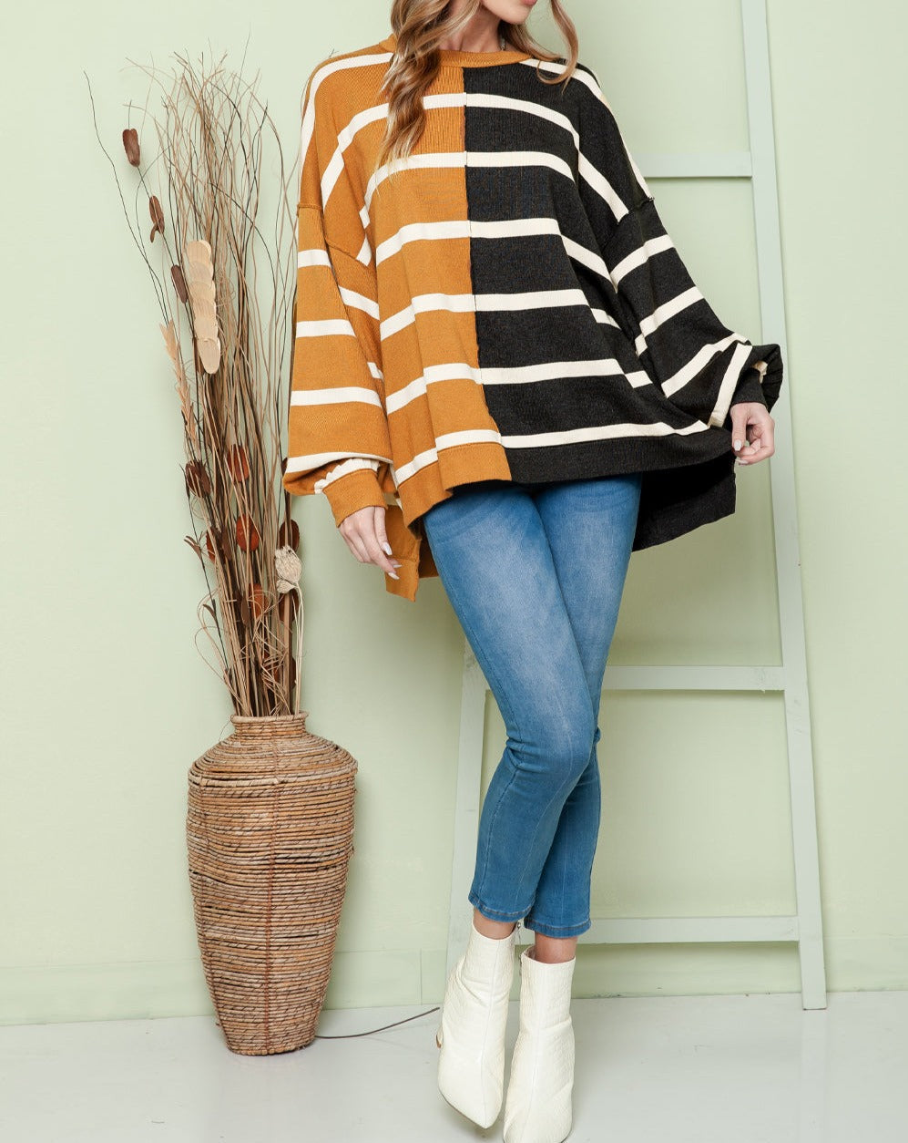 Striped Drop Shoulder Round Neck Blouse