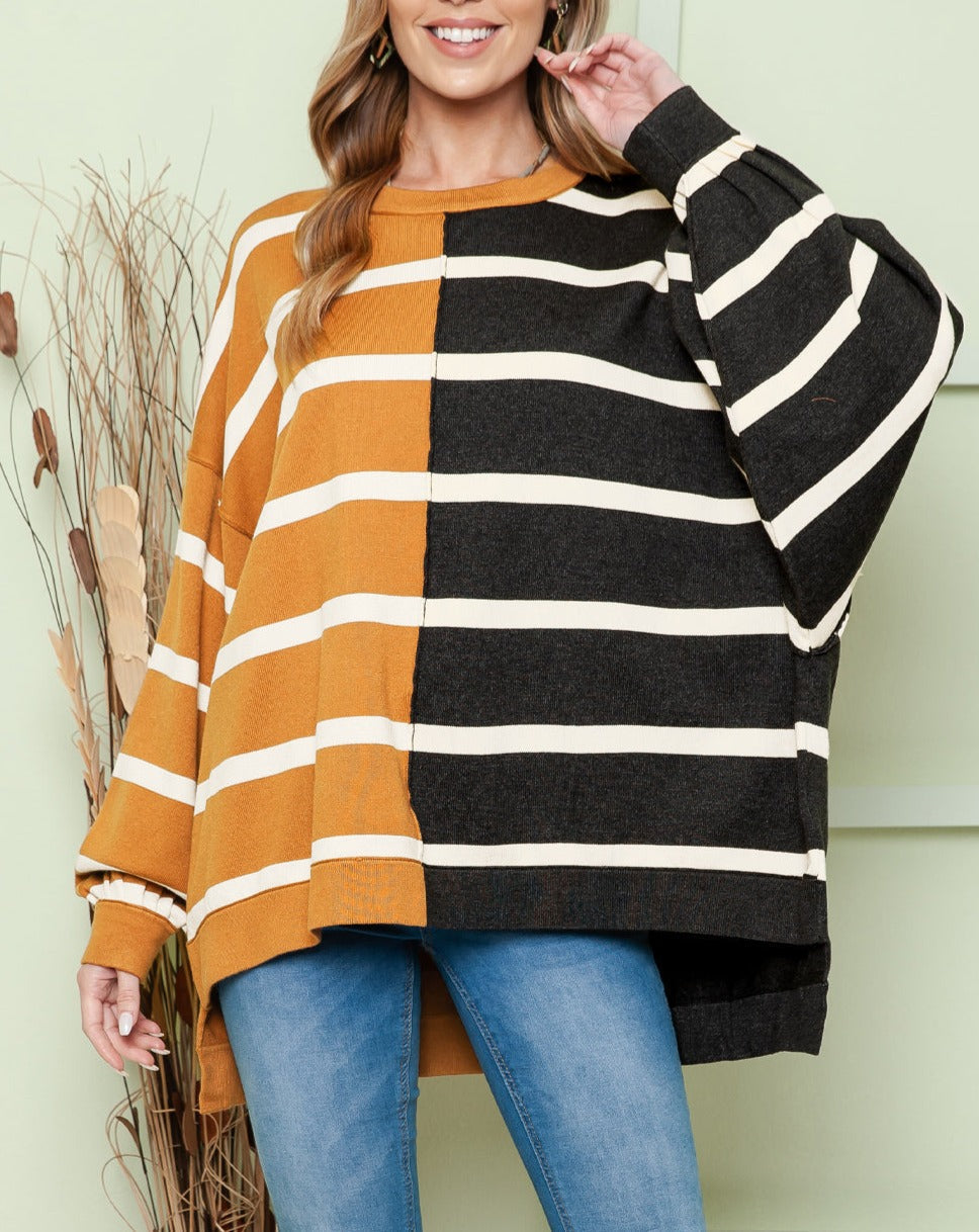 Striped Drop Shoulder Round Neck Blouse