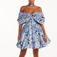 Blue Hydrangea bow-detailed mini dress