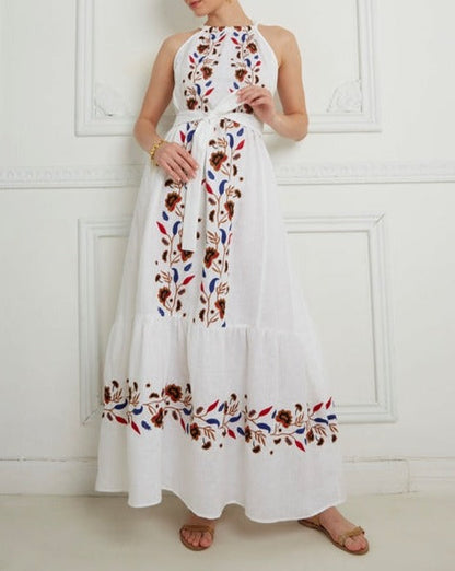 White Multi Linen Embroidered Dress