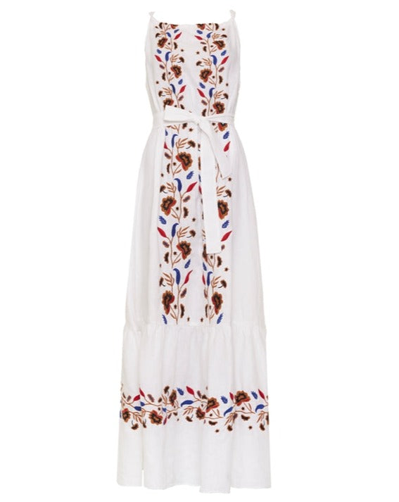 White Multi Linen Embroidered Dress