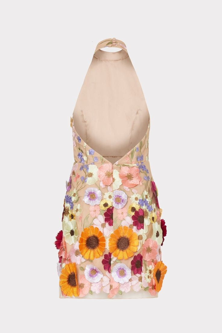 Embroidered three-dimensional flower halter neck slim dress