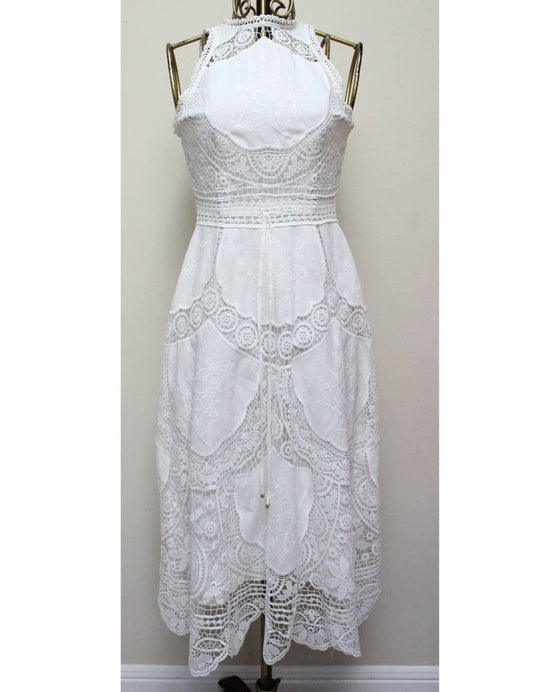 White Bonita Crochet Lace Embroidered Halter Midi Dress