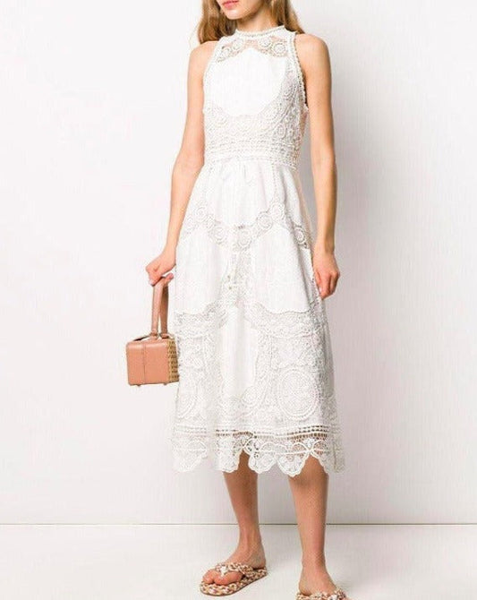 White Bonita Crochet Lace Embroidered Halter Midi Dress