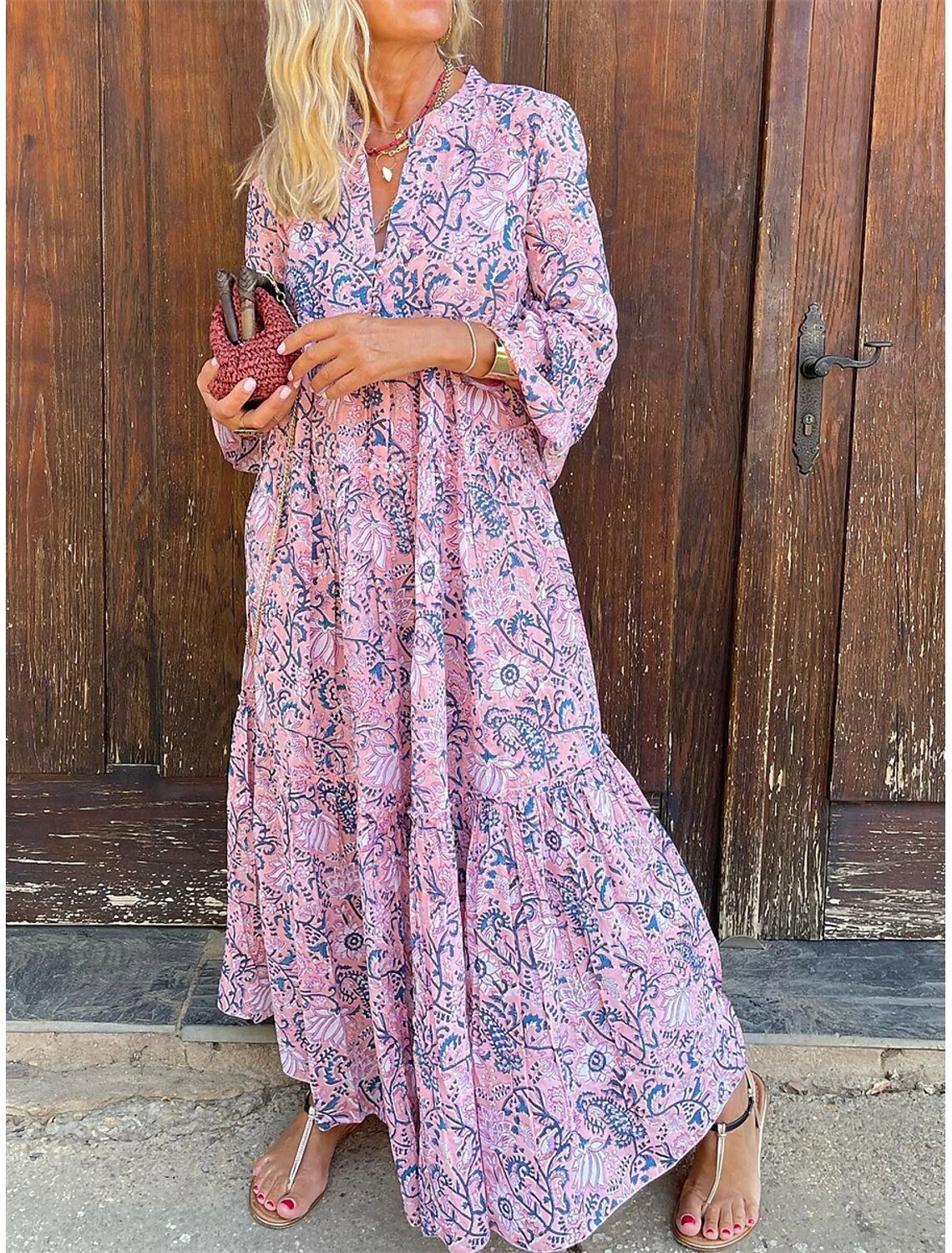 Ladies Long Sleeve Printed V-Neck Casual Floral Long Dress