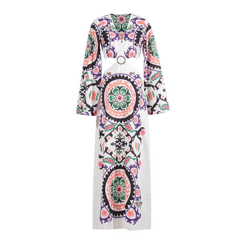 Retro print large V-neck hollow patchwork floral dress