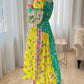 Colorblock Floral Print Lantern Sleeve Dress