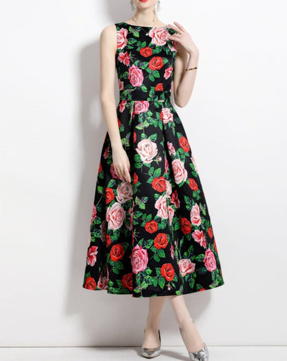 Red Flower vintage print dress