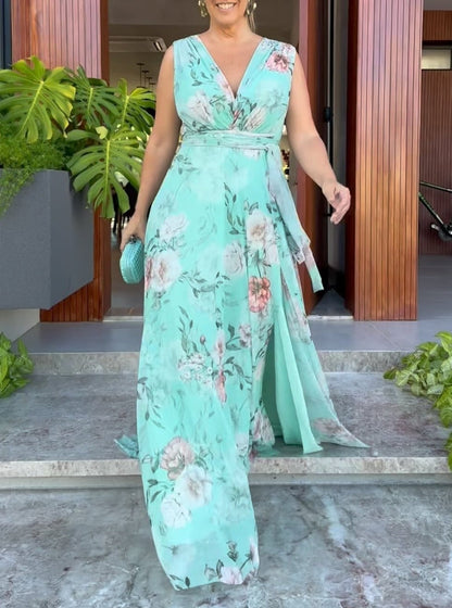 Sleeveless V-neck Floral Maxi Dress