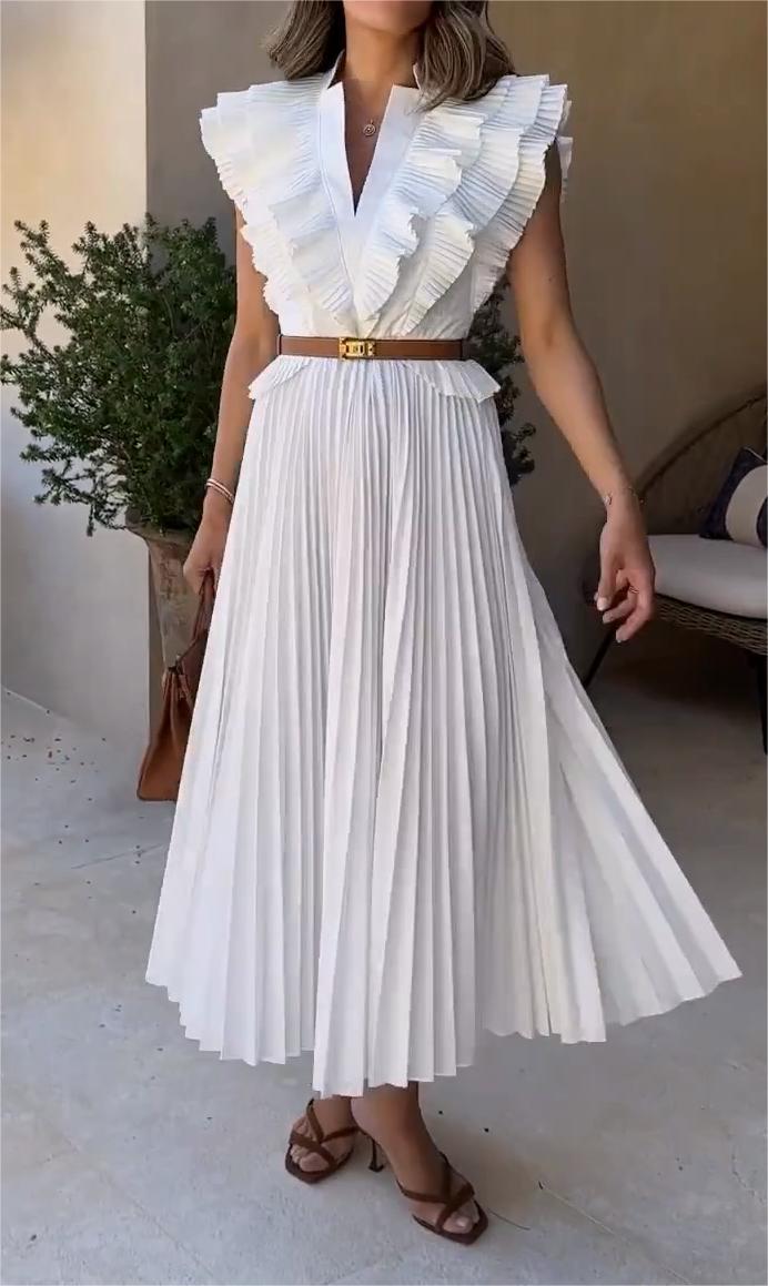 Pleated V-neck Dress