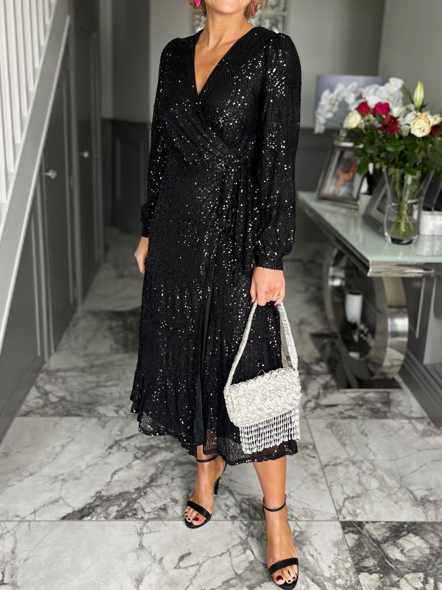 V Neck Lace Up Wrap Sequin Midi Dress