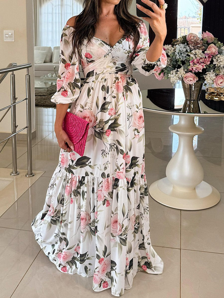 Deep V Neck Floral Print Lace Up Maxi Dress