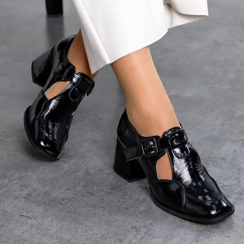 Vintage Thick-Heel T-strap Leather Shoes