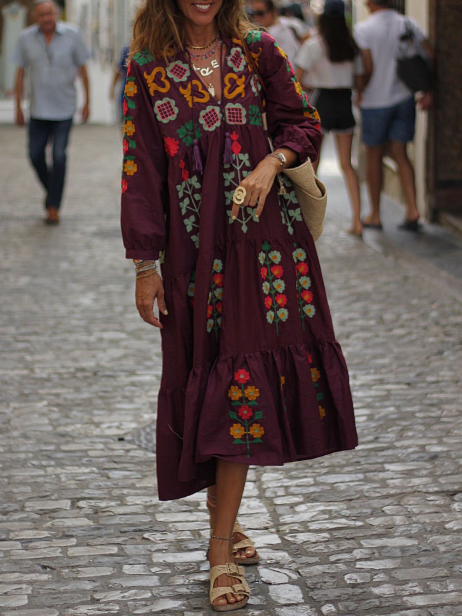 Floral Print V Neck Bohemian Dress