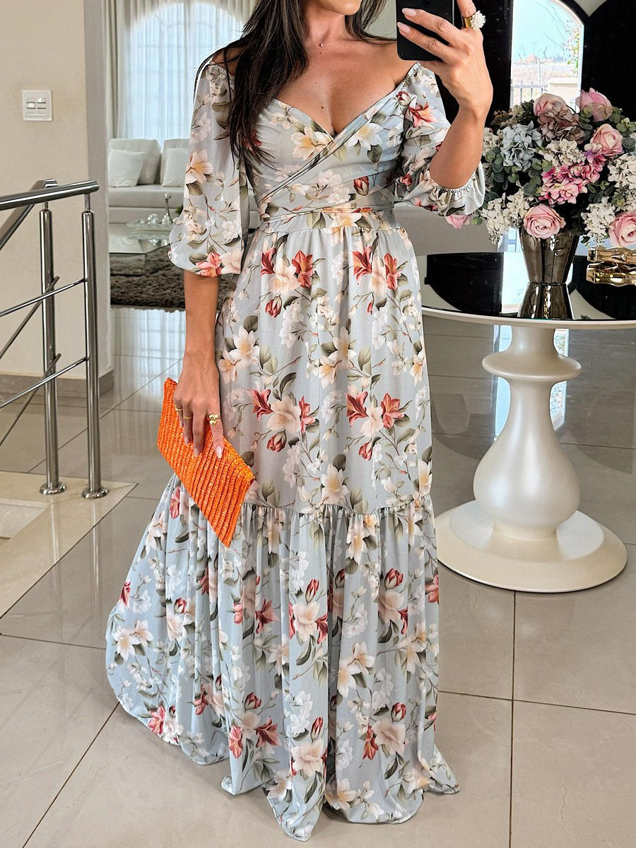 Deep V Neck Floral Print Lace Up Maxi Dress