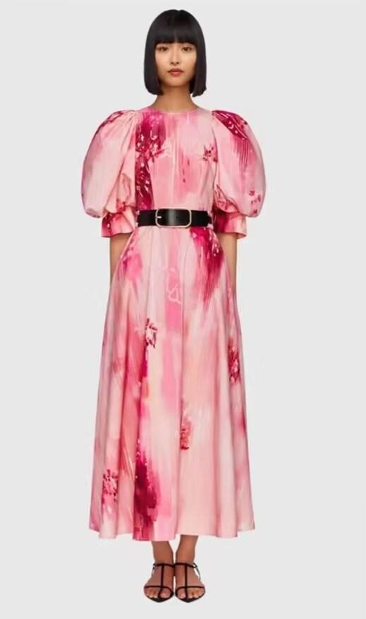 Round neck bubble sleeve pink print dress