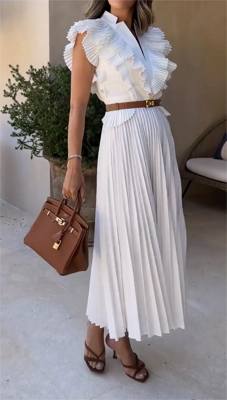 Pleated V-neck Dress