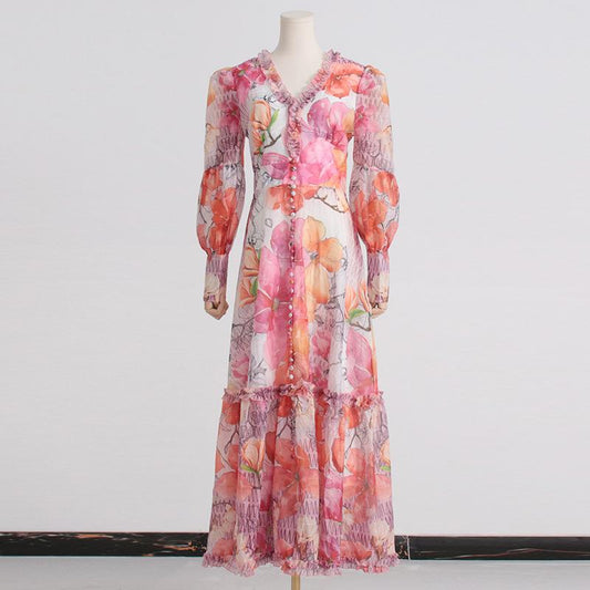 Vintage print V-neck lantern sleeve dress