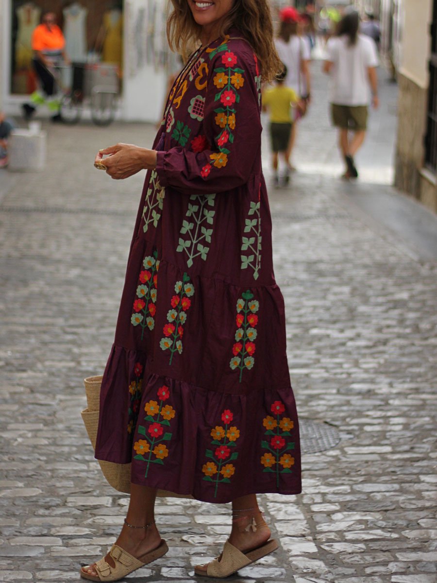 Floral Print V Neck Bohemian Dress