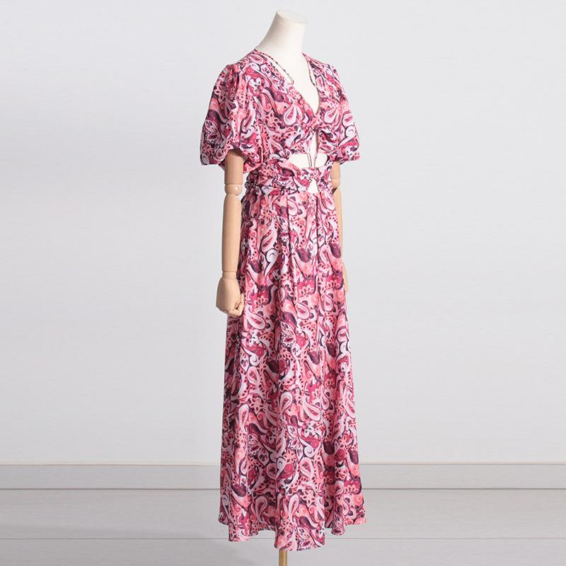 Printed V-neck bubble sleeve dress