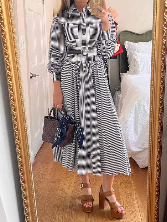 Striped Print Belted Lantern Sleeve Dress