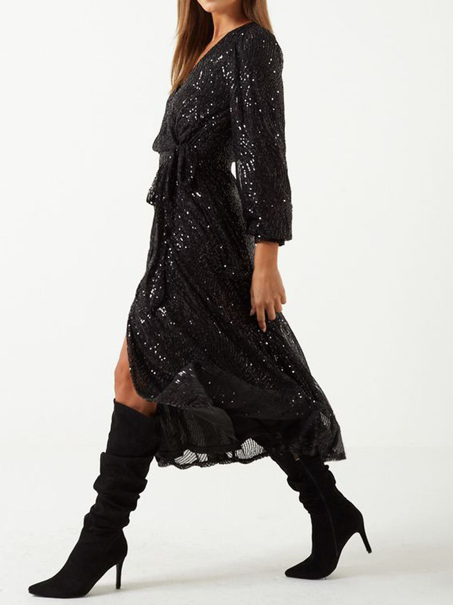 V Neck Lace Up Wrap Sequin Midi Dress