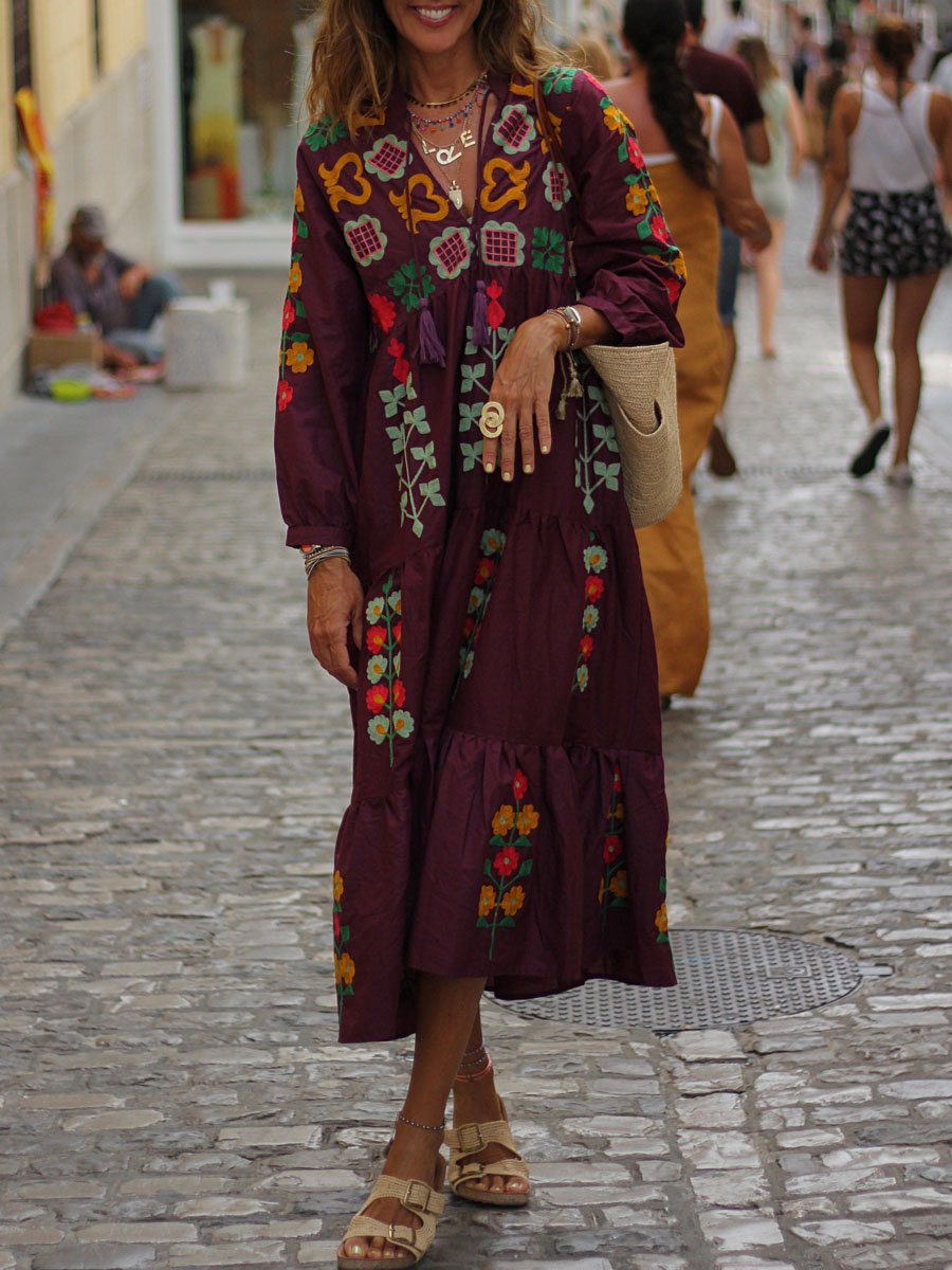 Floral Print V Neck Bohemian Dress