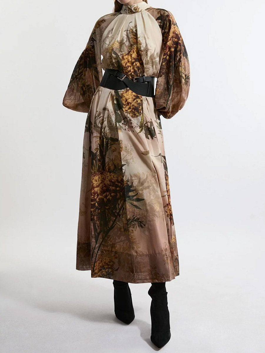 Lantern Sleeve Bow Print Belted Maxi Dress