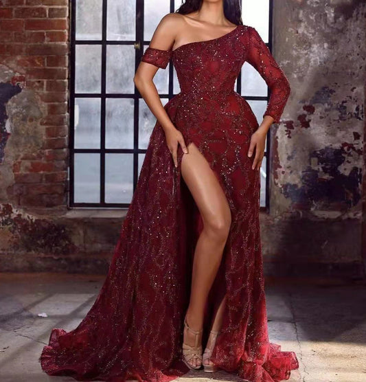 Elegant Burgundy Long Sleeves Evening Dress