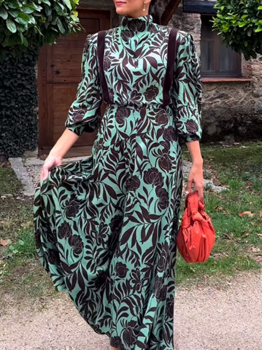 Printed Patchwork Long Sleeve Maxi Dress