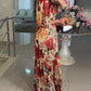 Deep V Neck Floral Print Lace Up Maxi Dress