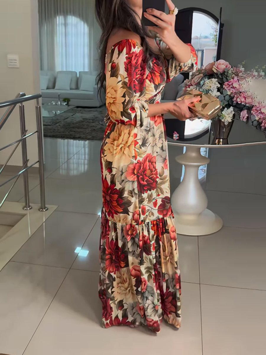 Deep V Neck Floral Print Lace Up Maxi Dress