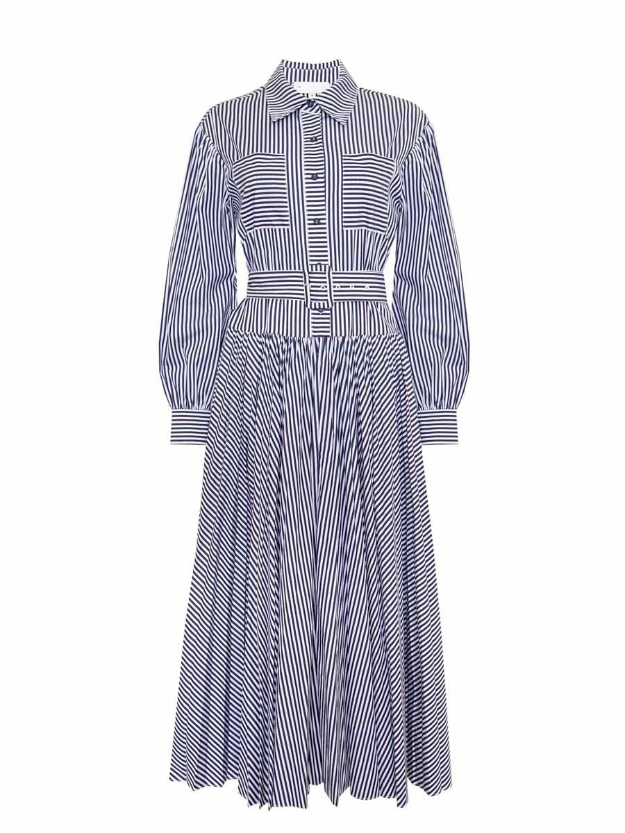 Striped Print Belted Lantern Sleeve Dress