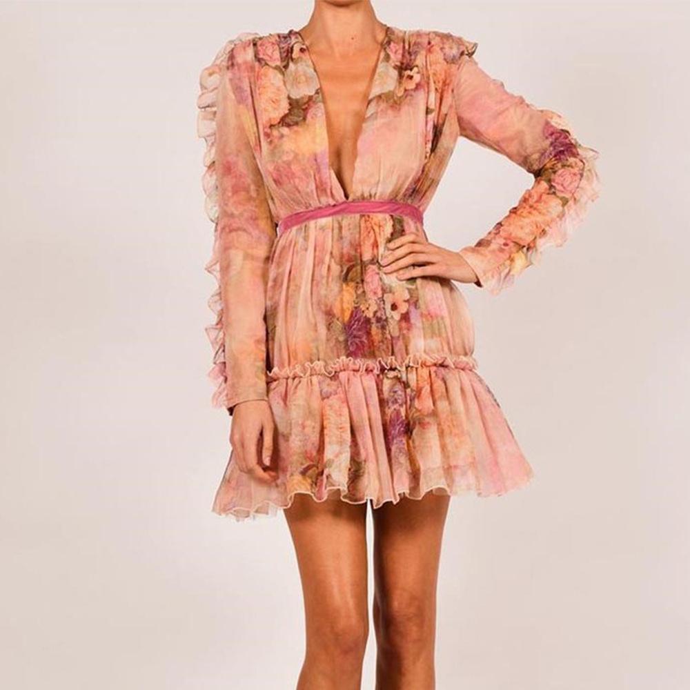 Printed V-neck long-sleeved dress