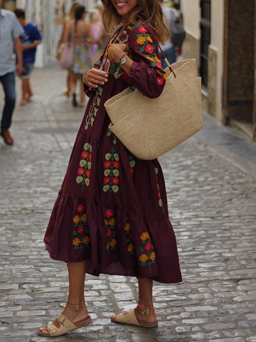 Floral Print V Neck Bohemian Dress