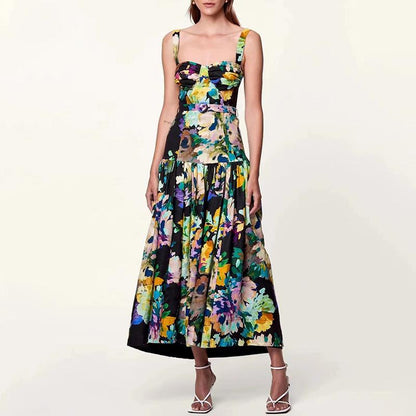 Vintage Printed Strap Midi Dress