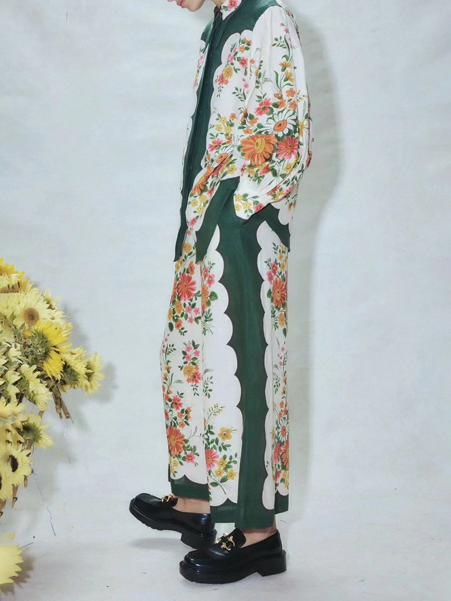 Floral Print Turtleneck Puff Sleeve Suit