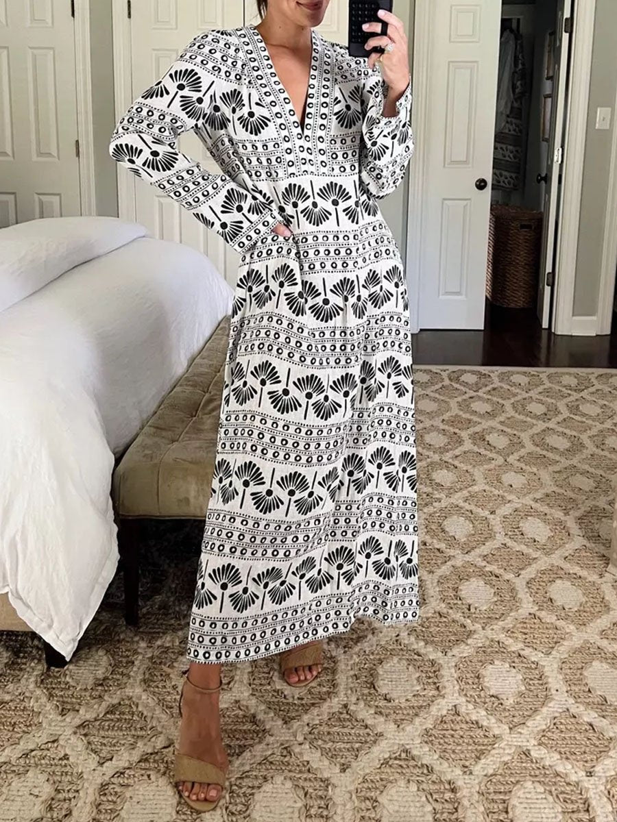 V Neck Long Sleeve Printed Dress