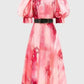 Round neck bubble sleeve pink print dress