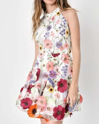 Floral neckline backless crossover dress