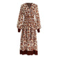 Leopard print V-neck lantern sleeve pleated dress