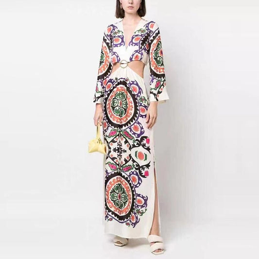 Retro print large V-neck hollow patchwork floral dress