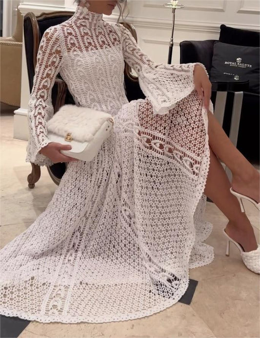 Bell Sleeves Backless Lace Dress