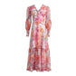 Vintage print V-neck lantern sleeve dress