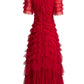 Ruffled Tulle Gown In Red